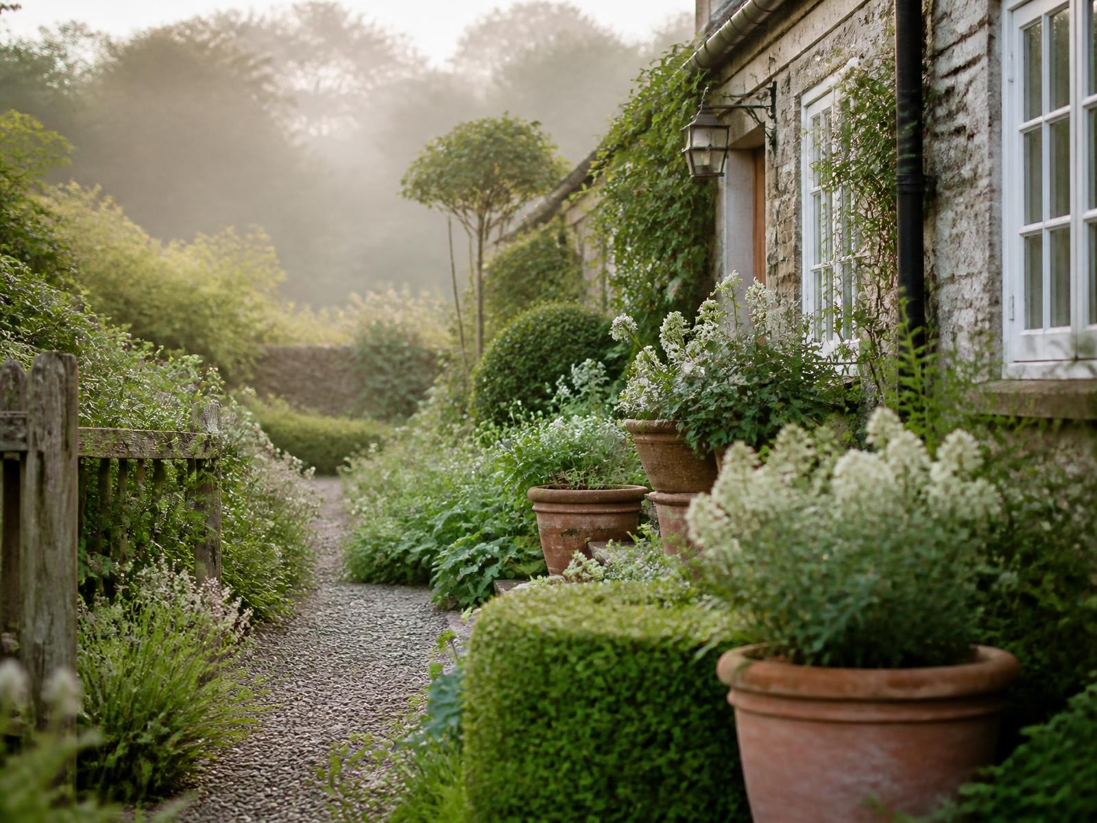 An established garden path with terracotta pots and informal planting